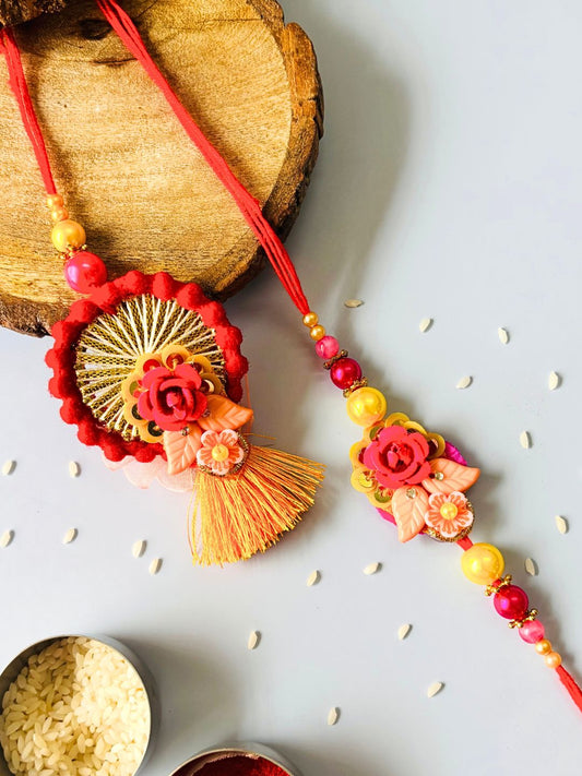 Multicolor Floral Lumba Rakhi Set for Bhaiya Bhabhi with Roli Chawal