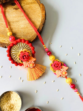 Multicolor Floral Lumba Rakhi Set for Bhaiya Bhabhi with Roli Chawal