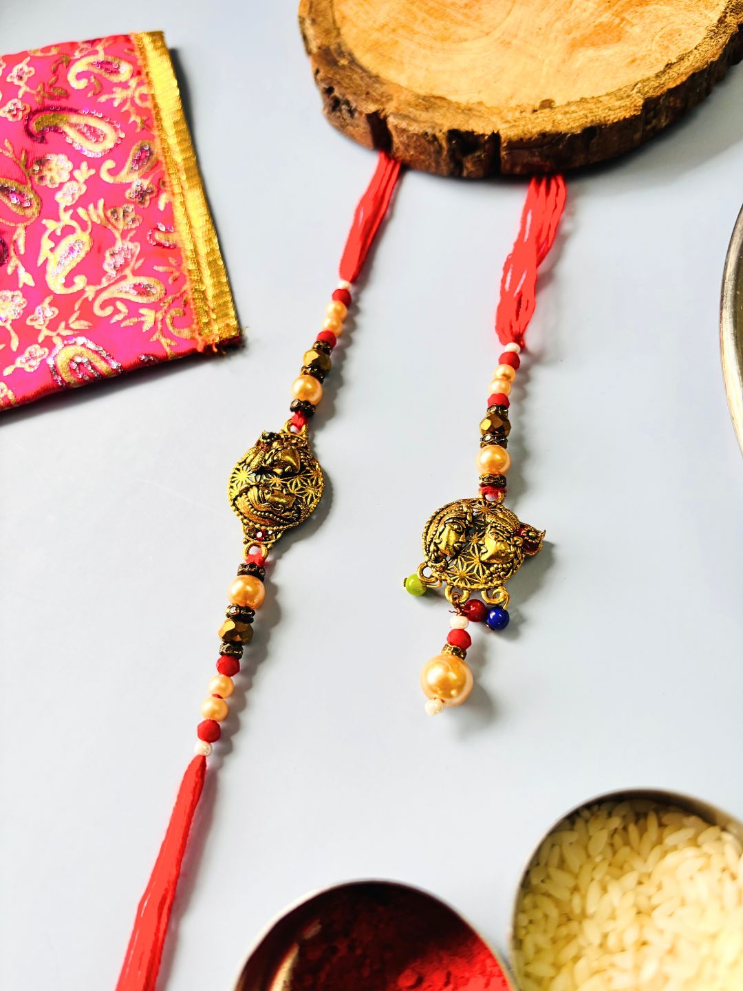 Radha Krishna Lumba Rakhi Set for Bhaiya Bhabhi with Roli Chawal