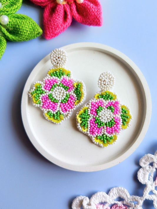 Pink Green Floral Earrings