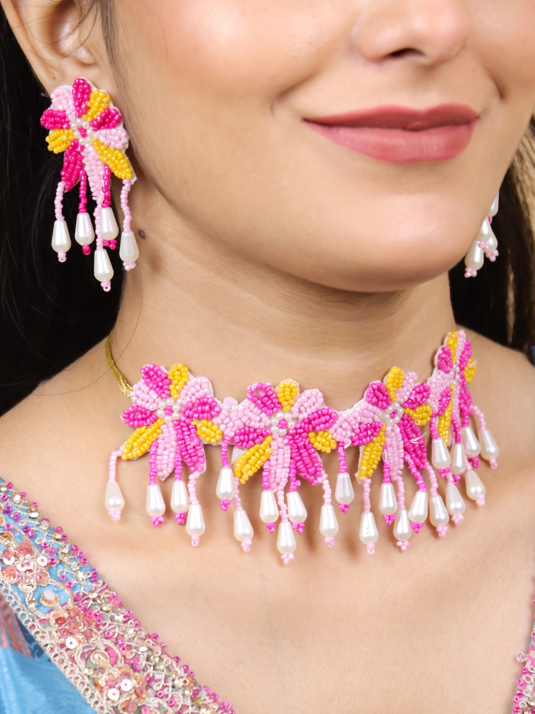 Rang Floral Bridal Choker Maangtika Set (Pink and Yellow)