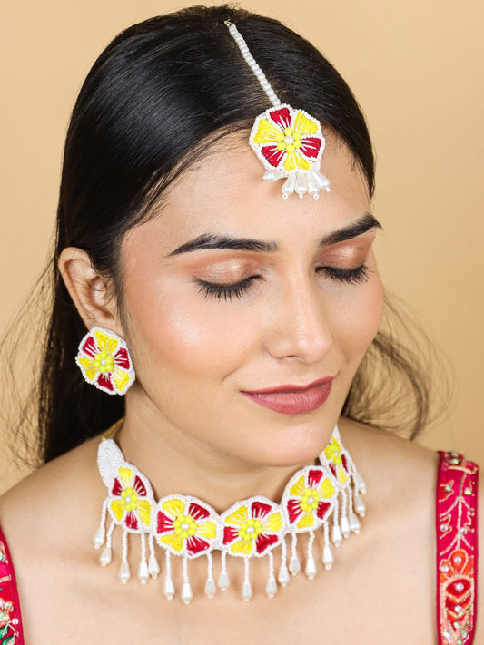 Flower Blossom Bridal Choker Maangtika Set (Red-Yellow)