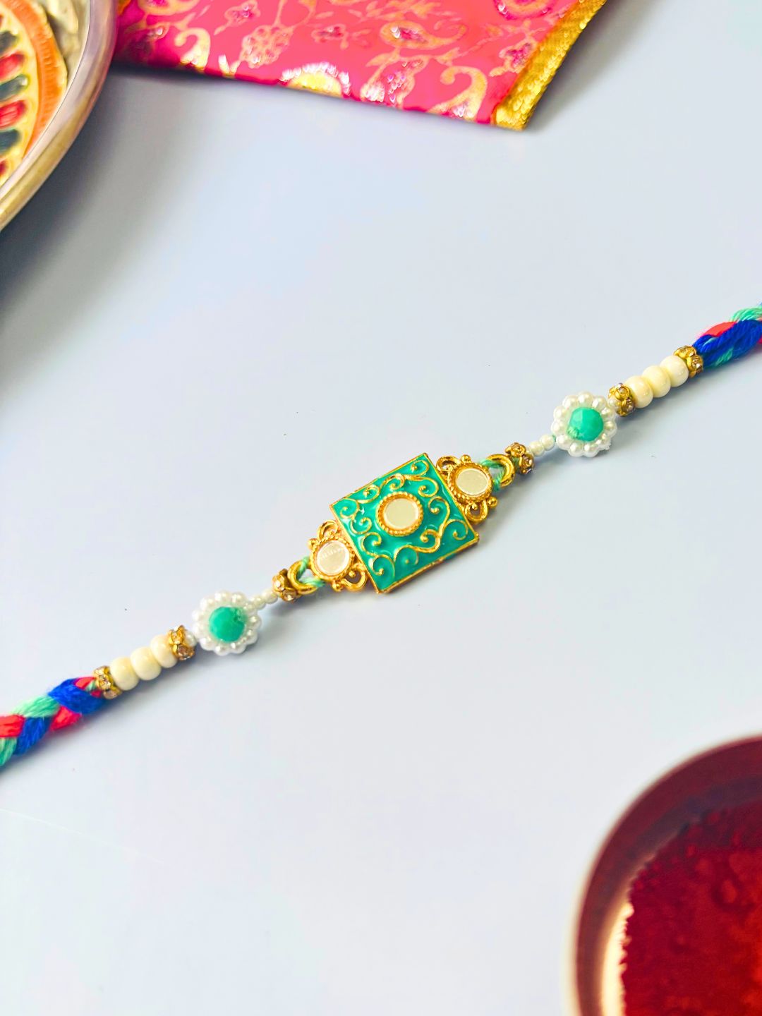 Traditional Meenakari Rakhi with Roli Chawal for Brother