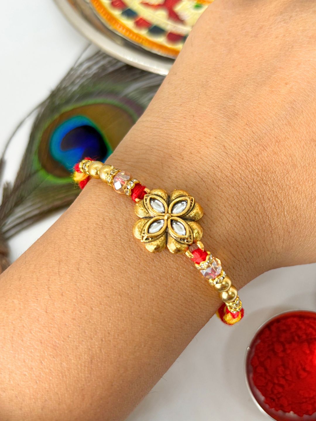 Traditional Meenakari Kundan Rakhi with Roli Chawal for Brother