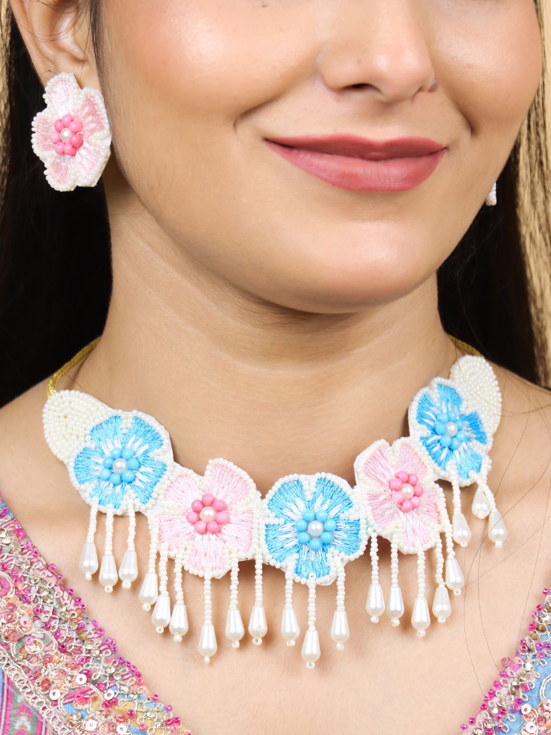 Flower Blossom Bridal Choker Maangtika Set (Pink and Blue)