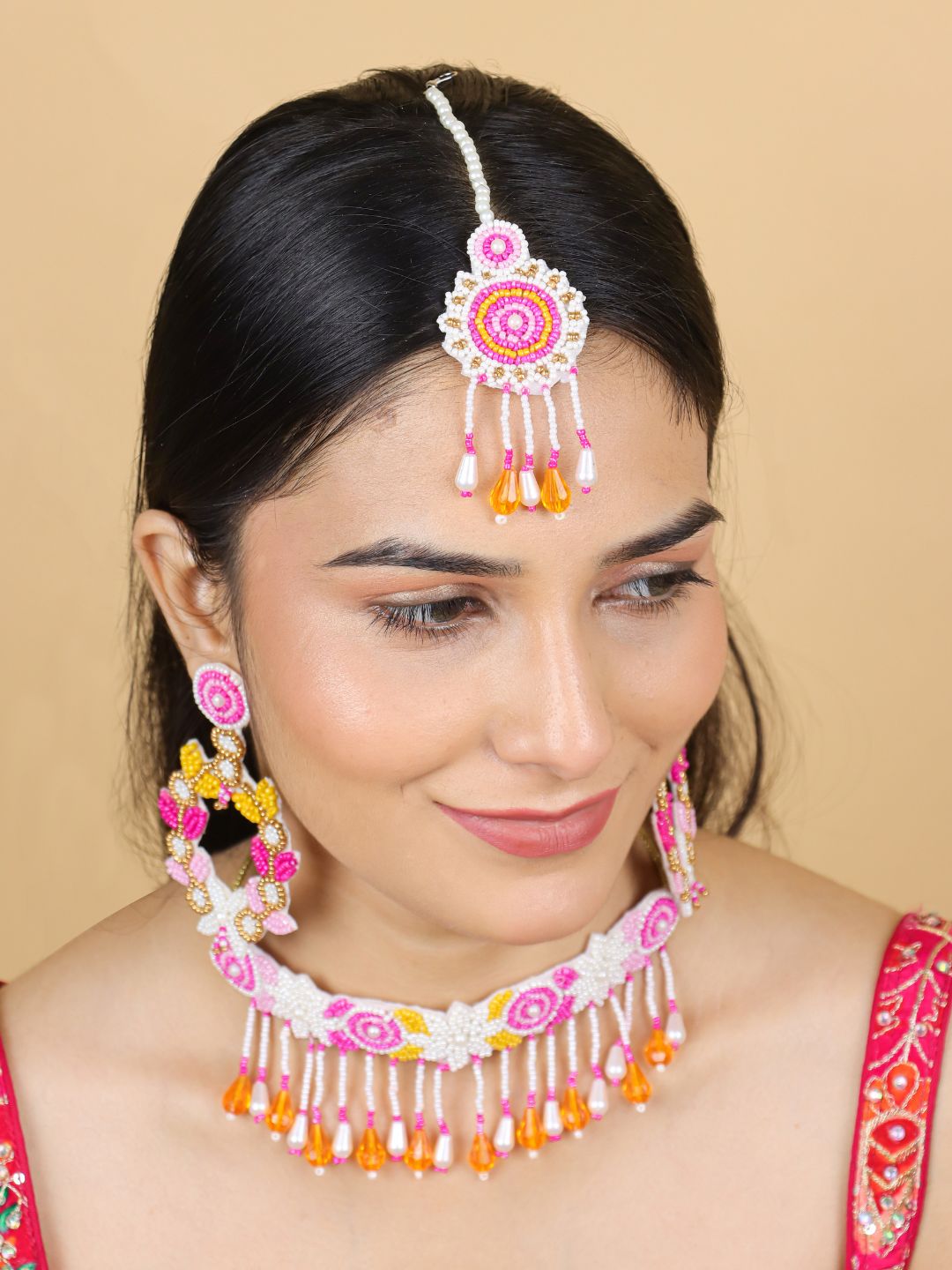 Zia Floral Bridal Jewellery Set (Pink and Yellow)