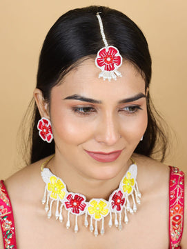 Flower Blossom Bridal Jewellery Set (Red and Yellow)