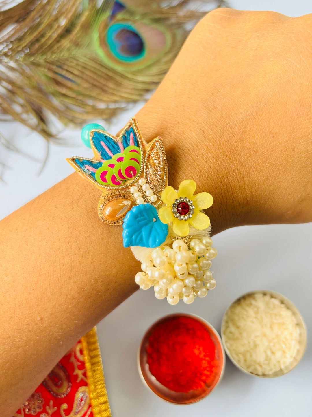 Designer Blue Embellished Rakhi with Roli Chawal for Brother (Pack of 2)
