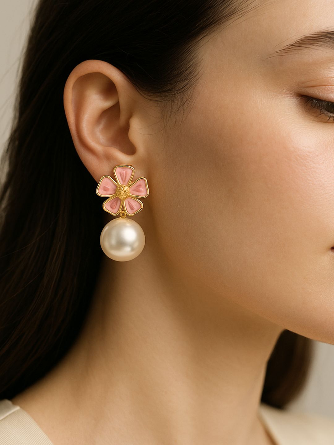 Pink Flower Drop Earrings with Pearl