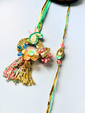 Peacock and Stone Accent Lumba Rakhi Set for Bhaiya Bhabhi with Roli Chawal