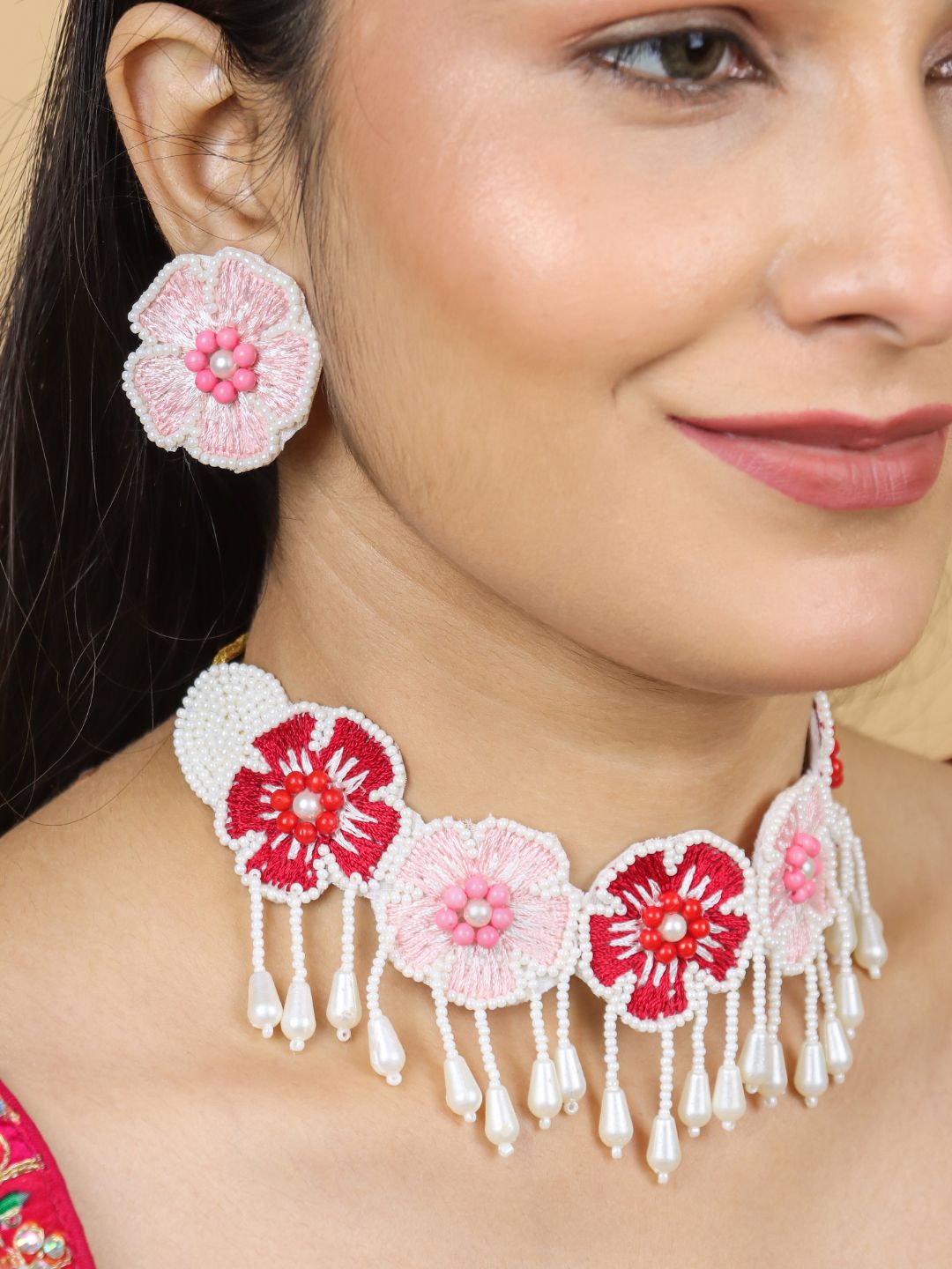 Flower Blossom Bridal Jewellery Set (Red and Pink)