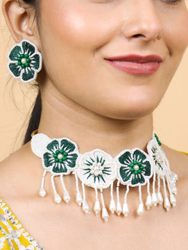 Flower Blossom Bridal Jewellery Set (Green and White)