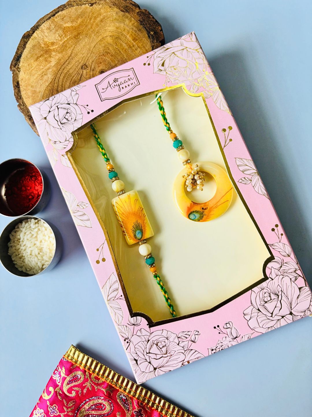 Resin Morpankh Lumba Rakhi Set for Bhaiya Bhabhi with Roli Chawal