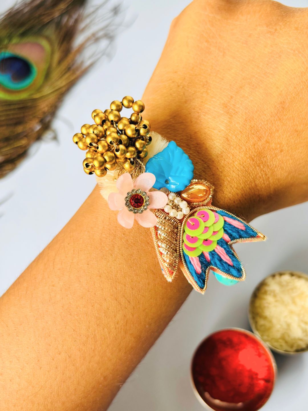 Designer Blue Embellished Rakhi with Roli Chawal for Brother (Pack of 2)
