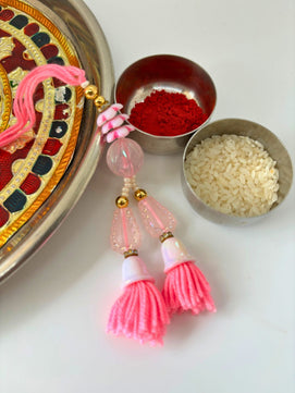 Pink Tassel Lumba Rakhi with Roli Chawal