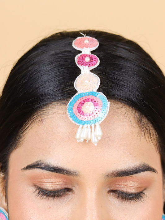 Sequina Maangtika Earrings Set (Pink and Blue)