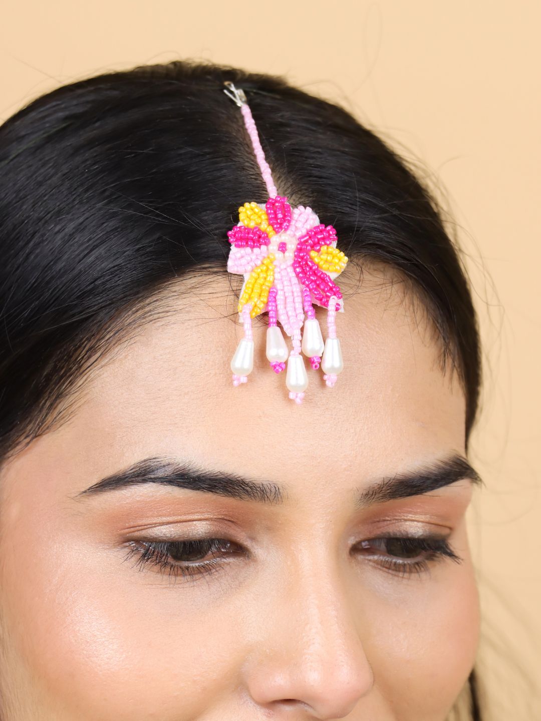 Rang Floral Maangtika Earrings Set (Pink and Yellow)