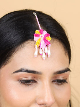 Rang Floral Maangtika Earrings Set (Pink and Yellow)