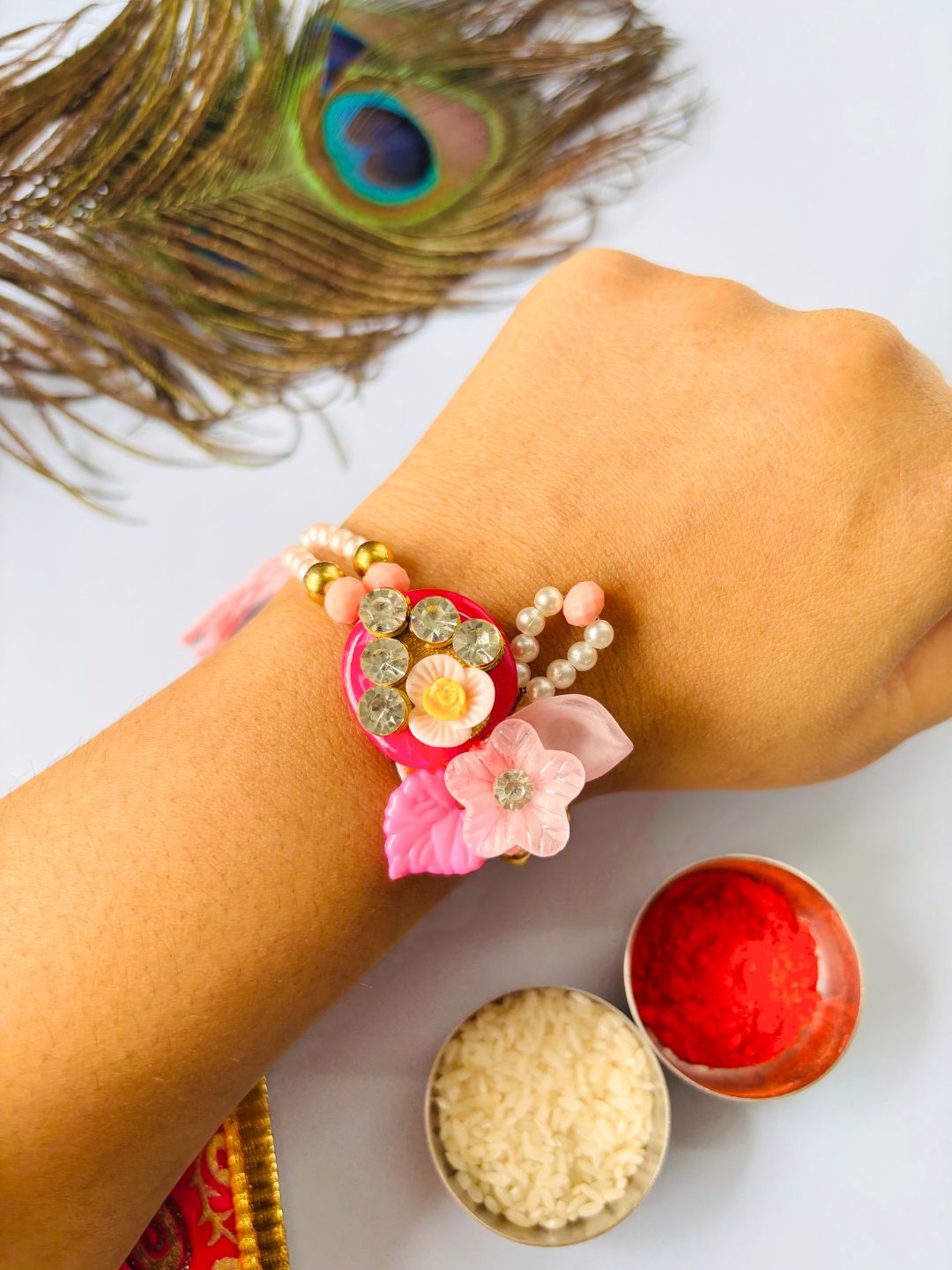 Designer Pink Embellished Rakhi with Roli Chawal for Brother (Pack of 2)