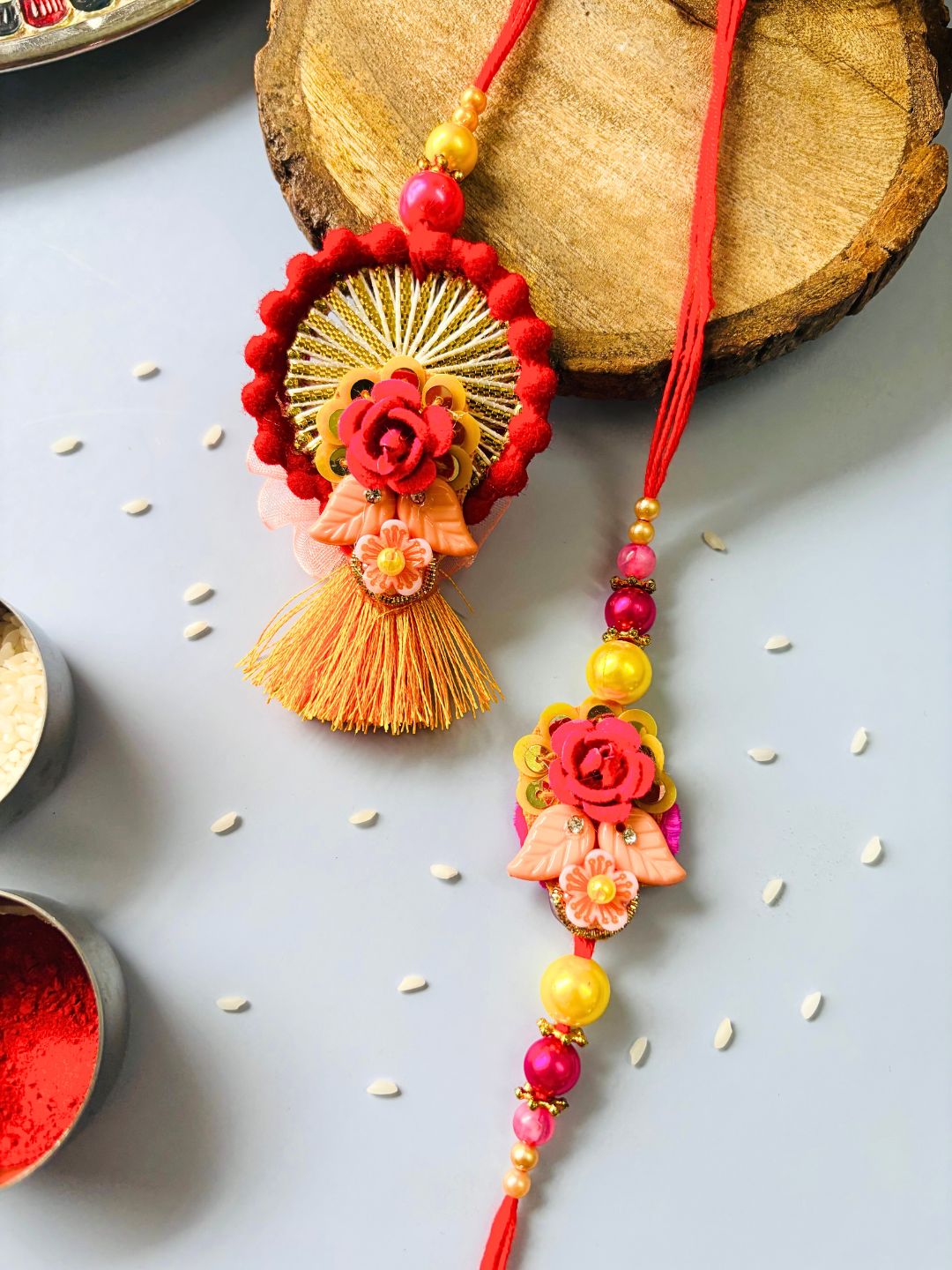 Multicolor Floral Lumba Rakhi Set for Bhaiya Bhabhi with Roli Chawal