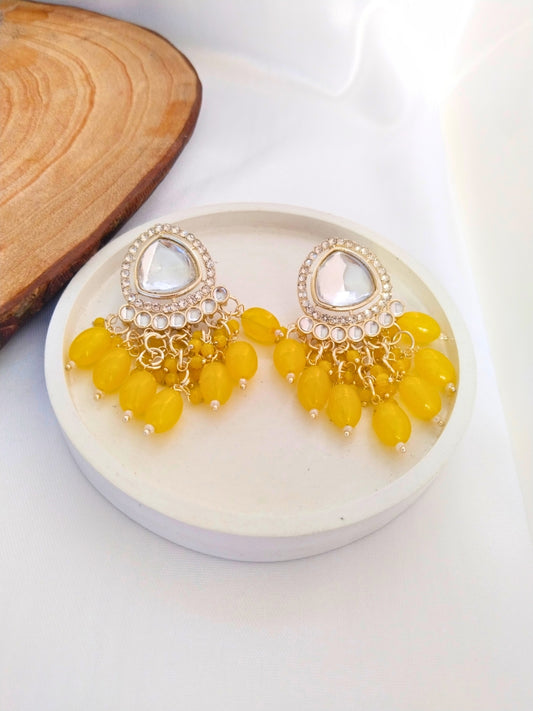 Kundan Minakari Drop Earrings (Yellow)