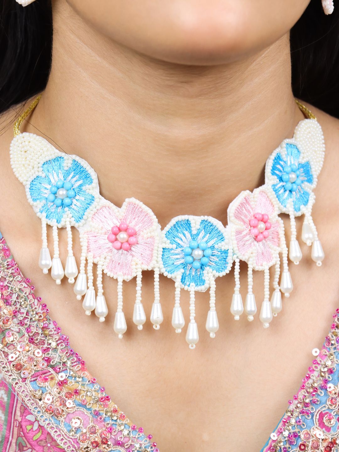 Flower Blossom Bridal Choker Maangtika Set (Pink and Blue)