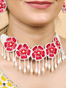 Flower Blossom Choker Maangtika Set (Red)