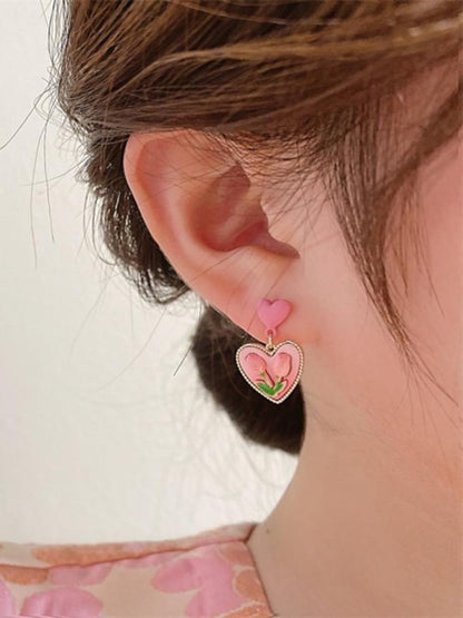 Pookie Pink Heart Rose Embellished Earrings