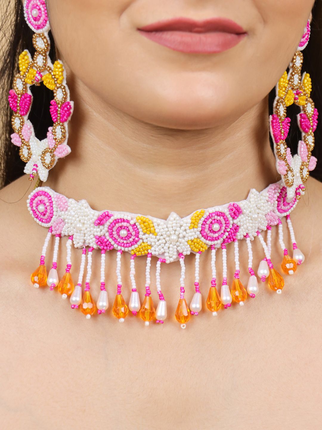 Zia Floral Bridal Jewellery Set (Pink and Yellow)