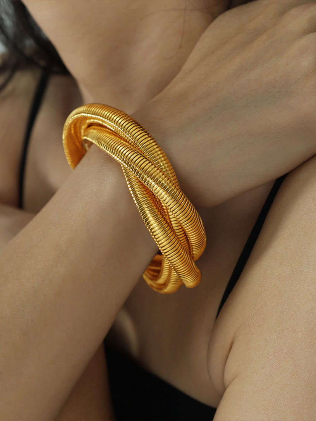 Viral Spiral Triple Coil Chunky Snake Bracelet | Stretchable Stack Gold Bracelet