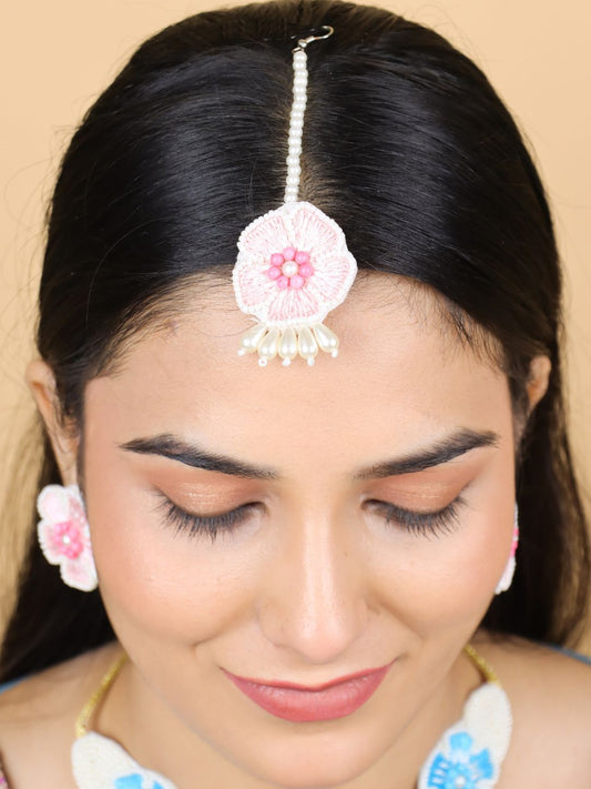 Flower Blossom Bridal Maangtika Earrings Set (Pink and Blue)