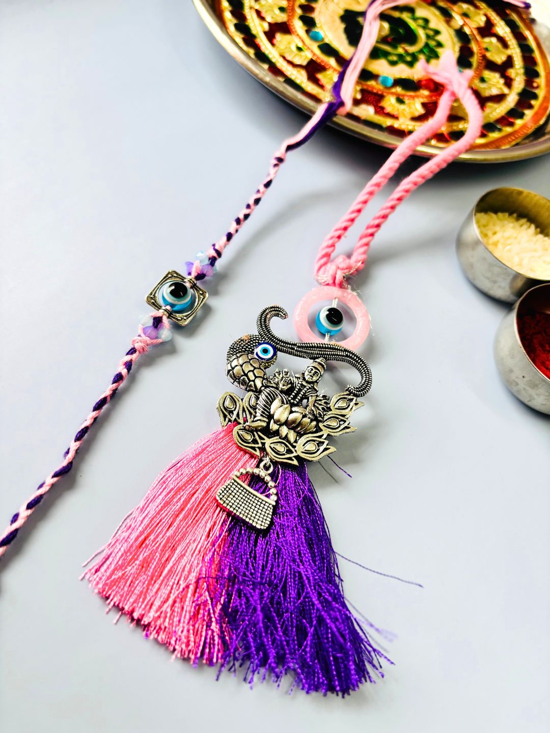 Evil Eye Oxidized Silver Lakshmi Maa Lumba Rakhi Set for Bhaiya Bhabhi with Roli Chawal