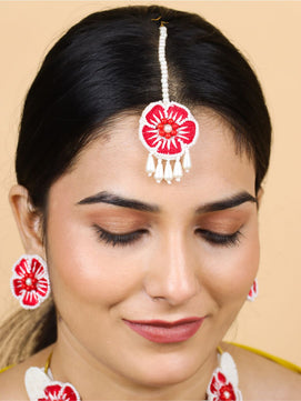 Flower Blossom Maangtika Earrings Set (Red)