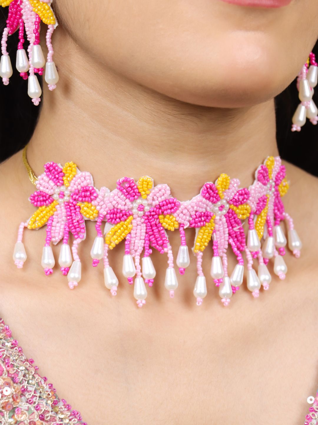 Rang Floral Bridal Choker Maangtika Set (Pink and Yellow)