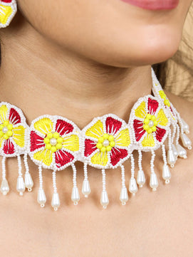 Flower Blossom Bridal Jewellery Set (Red-Yellow)