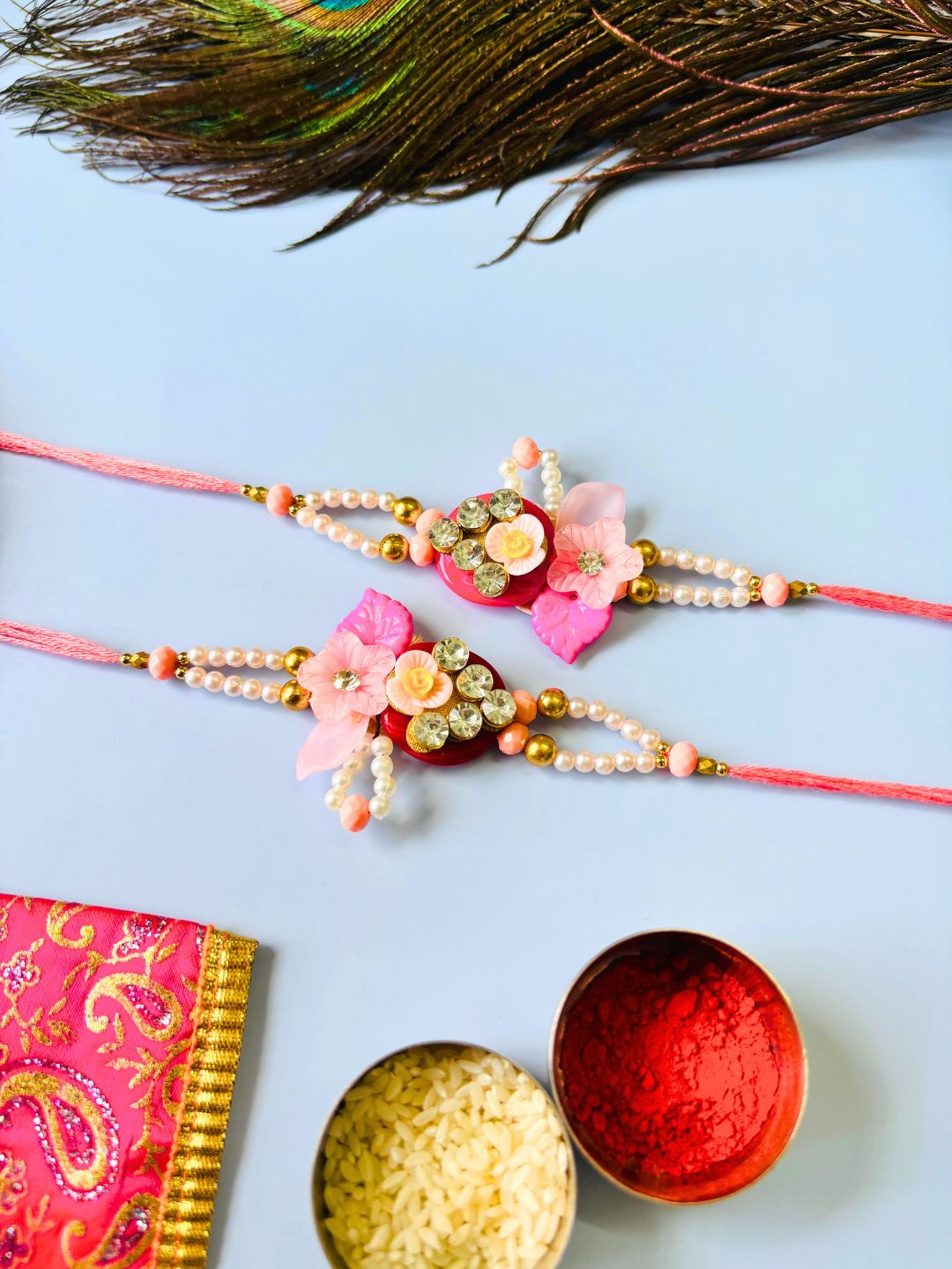 Designer Pink Embellished Rakhi with Roli Chawal for Brother (Pack of 2)