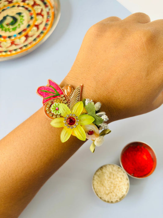 Embellished Floral Rakhi with Roli Chawal for Brother (Pack of 1)