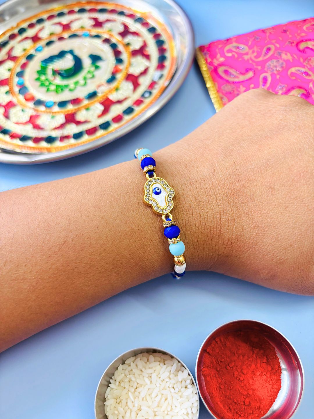 Hamza Hand Evil Eye AD Rakhi with Roli Chawal