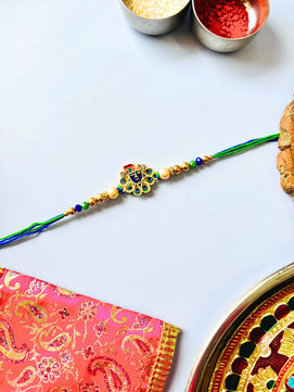 Traditional Krishna ji Kundan Meenakari Rakhi with Roli Chawal
