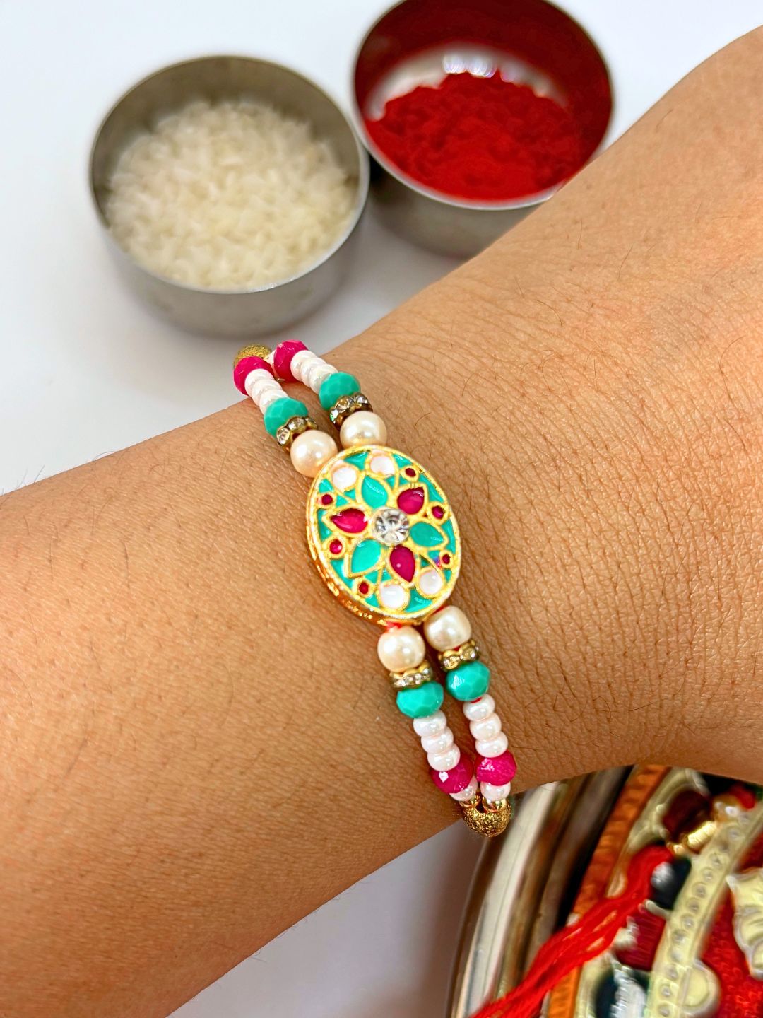 Traditional Meenakari Kundan Rakhi with Roli Chawal for Brother (Multi)