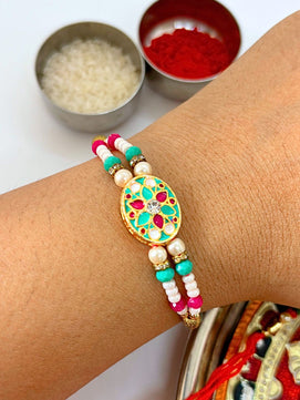 Traditional Meenakari Kundan Rakhi with Roli Chawal for Brother (Multi)