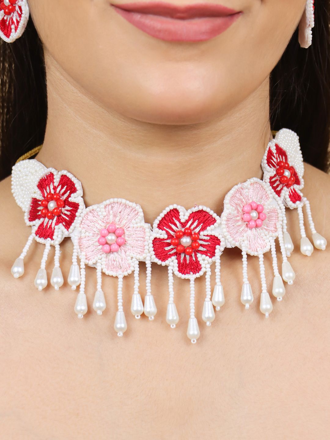 Flower Blossom Choker Maangtika Set (Red Pink)