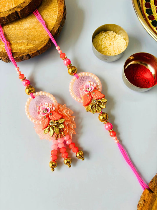 Multicolor Floral Lumba Rakhi Set for Bhaiya Bhabhi with Roli Chawal