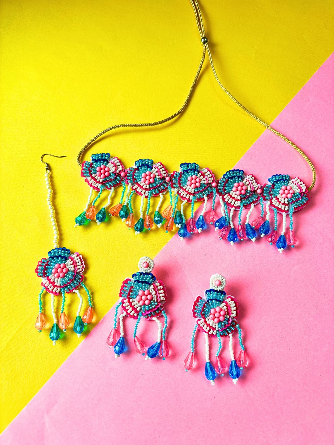 Floral Bridal Maangtika Choker Set (Pink-Blue)