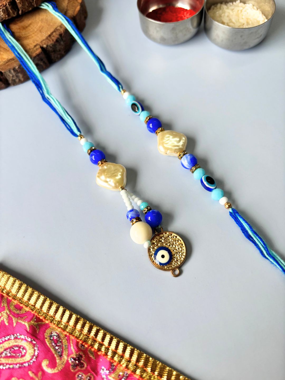 Evil Eye Mother of Pearl Lumba Rakhi Set for Bhaiya Bhabhi with Roli Chawal