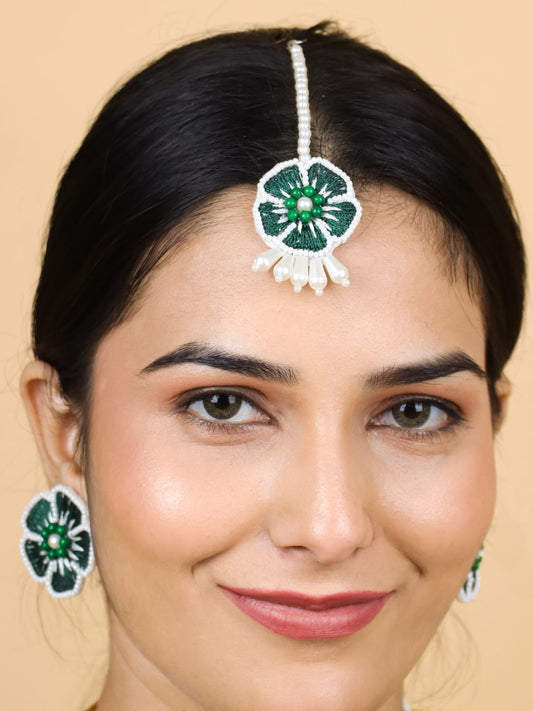 Flower Blossom Maangtika Earrings Set (Green and White)