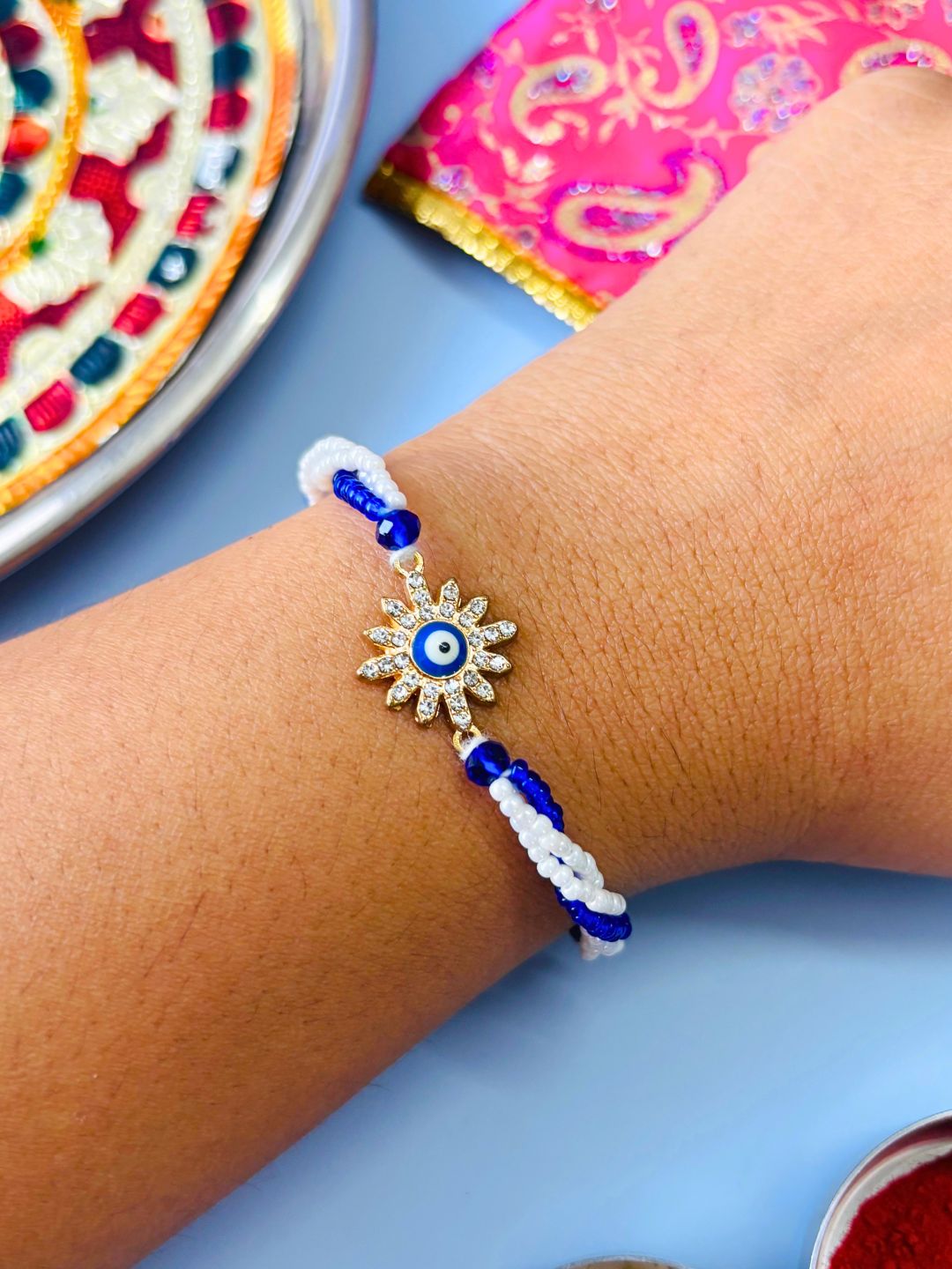 Evil Eye Beaded Rakhi with Roli Chawal