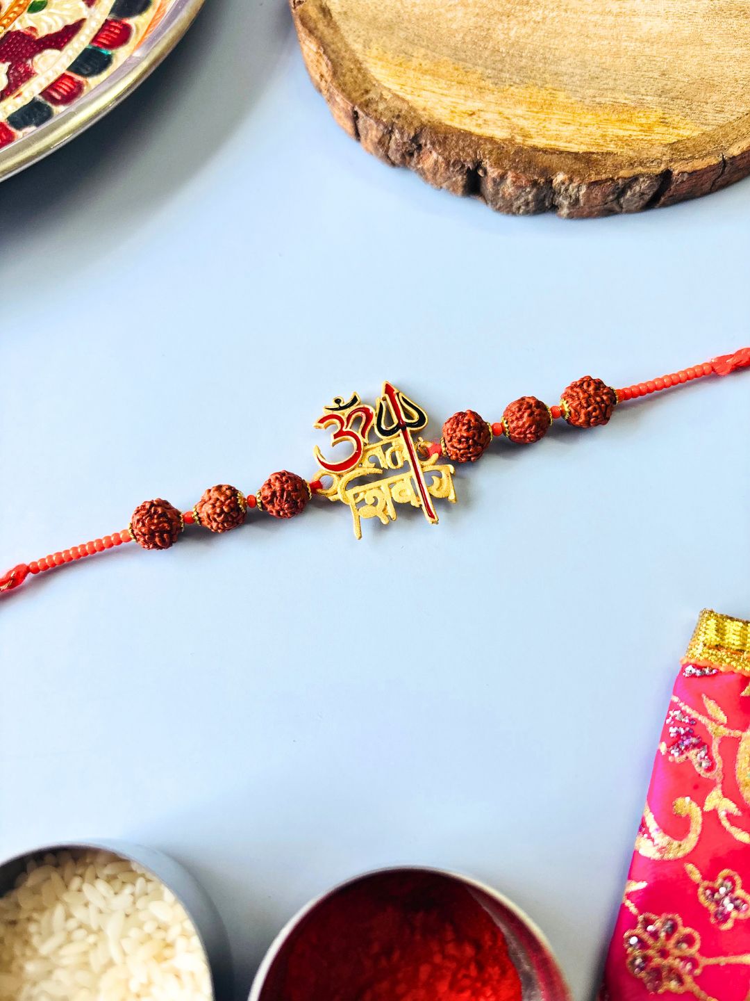 Om Namah Shivaay Rudraksh Traditional Rakhi with Roli Chawal for Brother