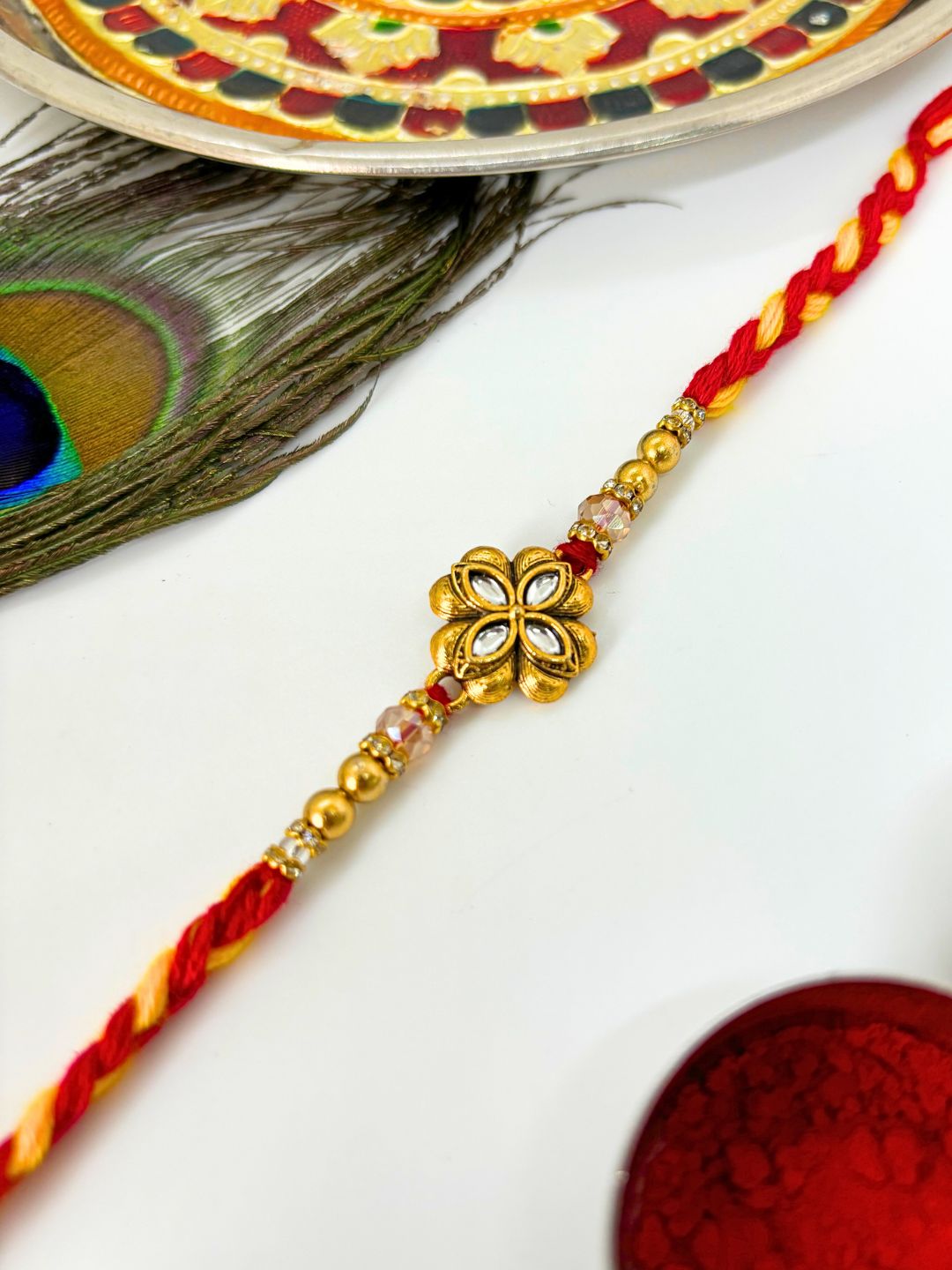 Traditional Meenakari Kundan Rakhi with Roli Chawal for Brother