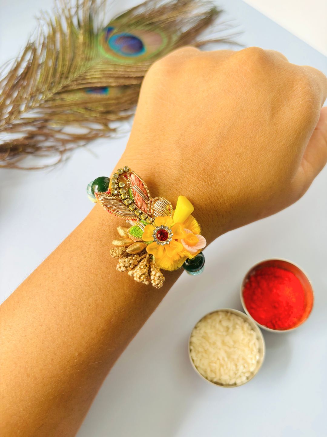 Designer Floral Embellished Rakhi with Roli Chawal for Brother (Pack of 2)